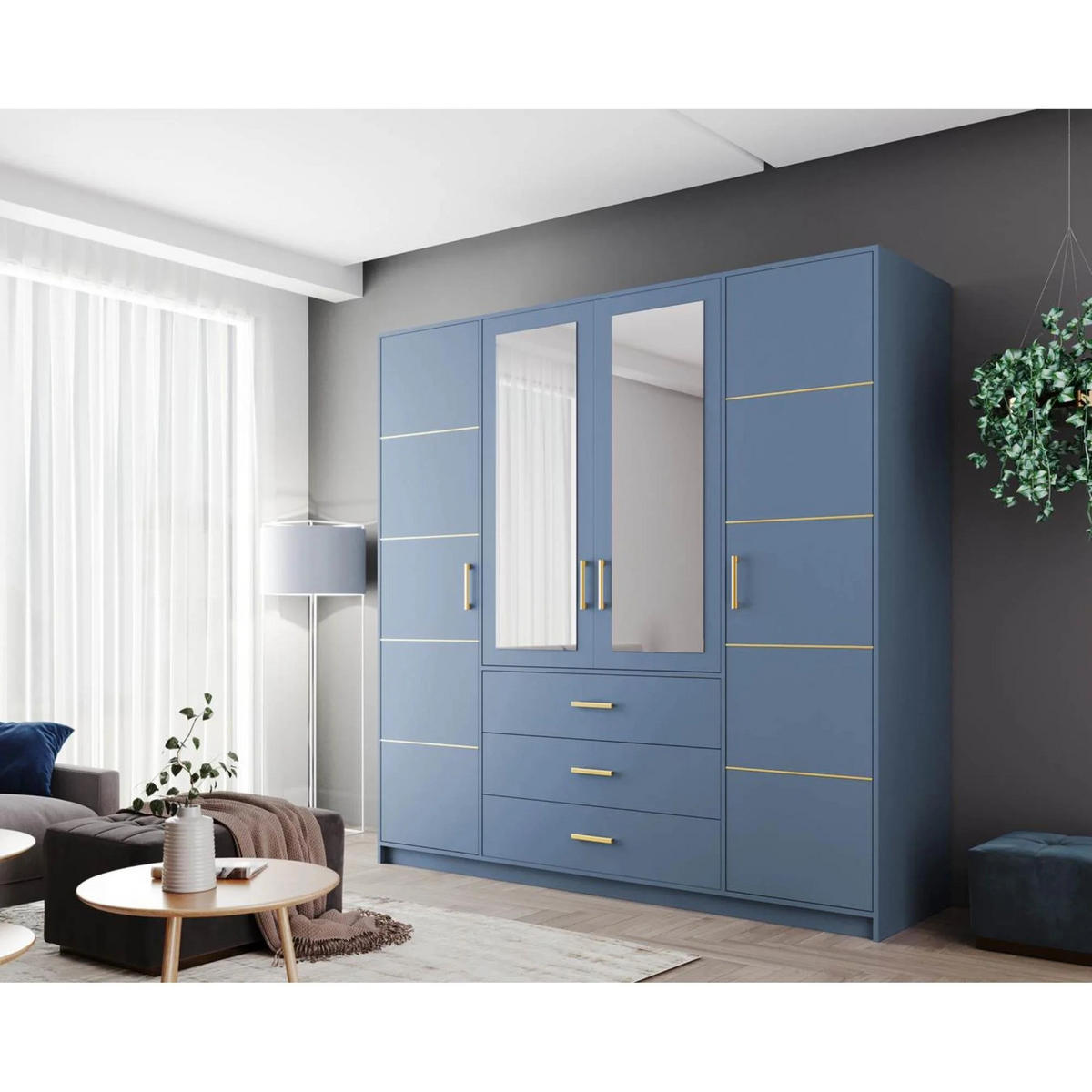 DREHTÜRENSCHRANK Balid 4-Türen, mit 3 Schubladen und Spiegel, Blau - Blau, Holzwerkstoff (196/200/58cm) - Beautysofa