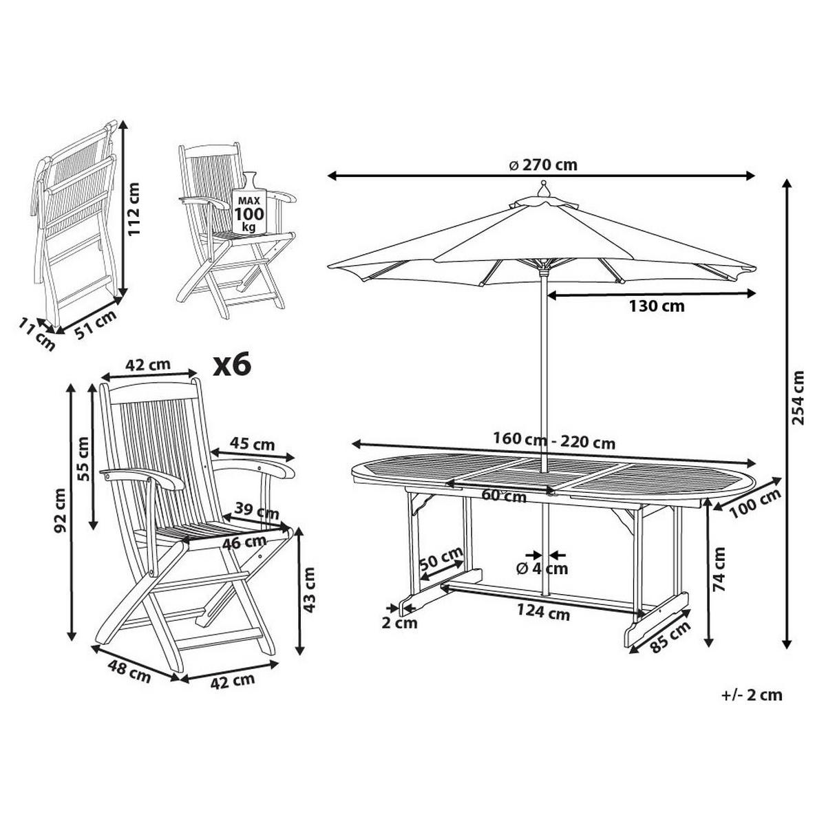 GARTENTISCH-SET 6-Sitzer Heller Holzfarbton mit Sonnenschirm Maui II - Hellbraun/Beige, Holz - Beliani