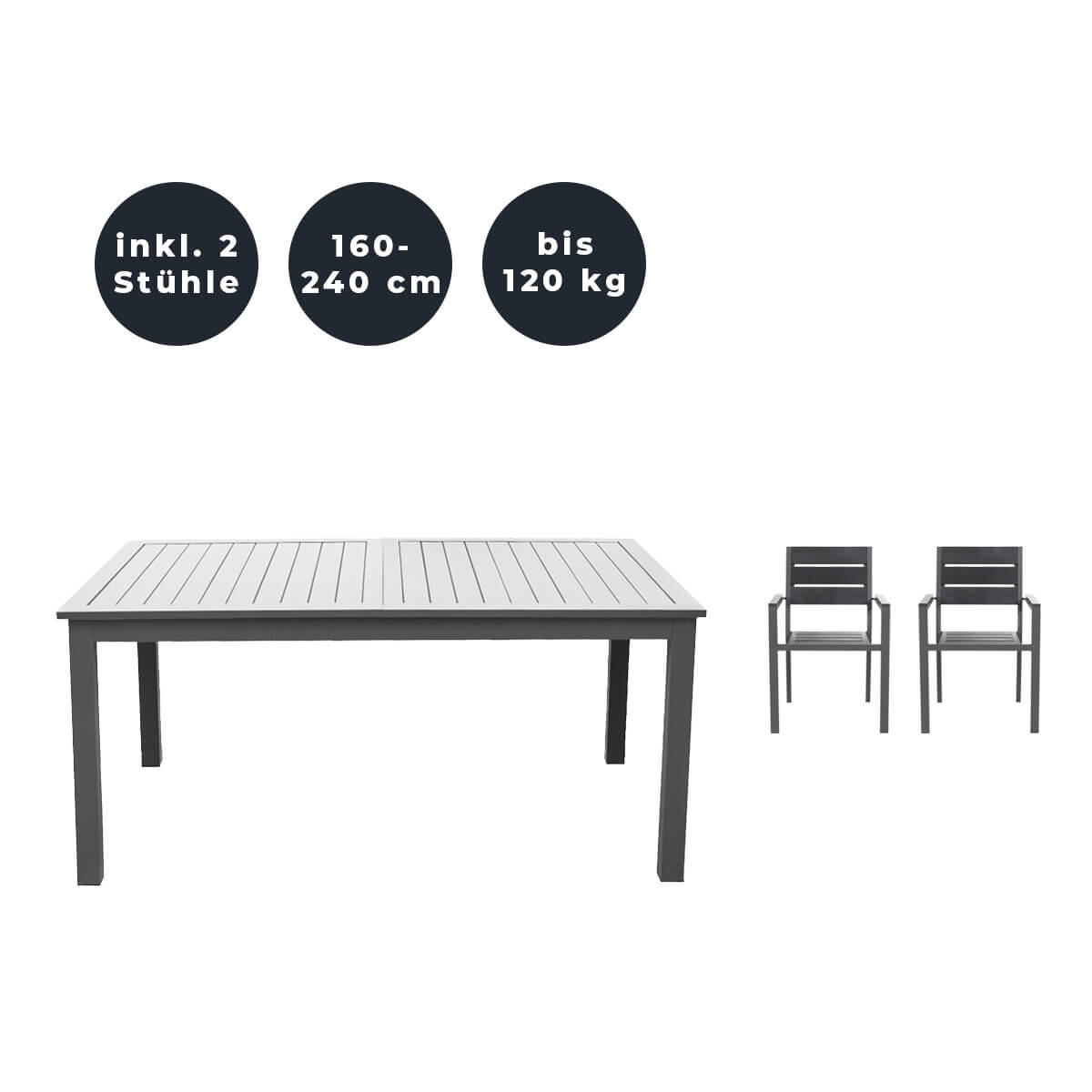 SITZGRUPPE CASA MADERA - 3 tlg. - Anthrazit/Hellgrau, Glas/Metall - Home Deluxe