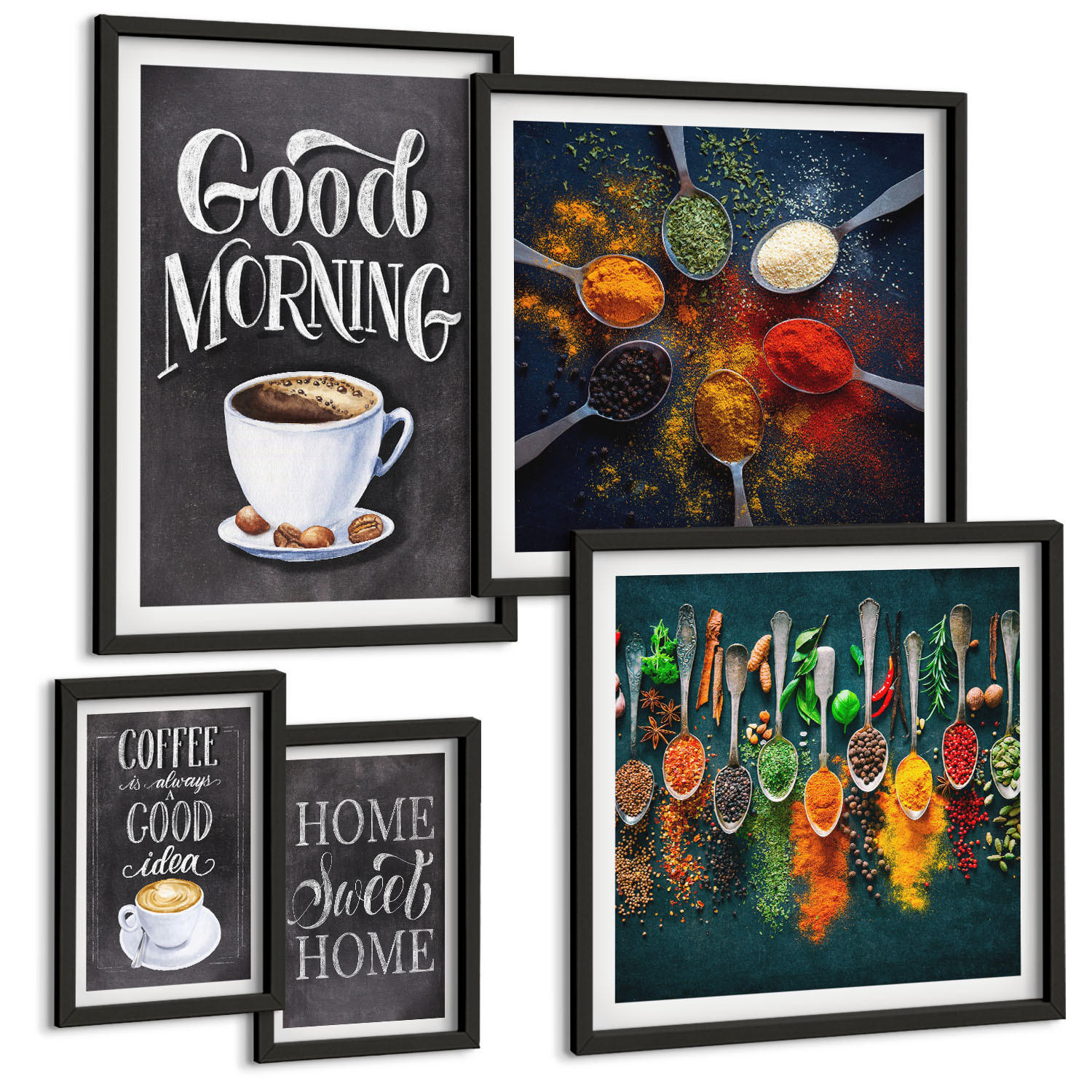 BILDER SET 5er Set - 50x50 cm & 20x30 cm & 40x60 cm Schwarzer Rahmen - Gewürze, Kaffee, Tasse, Kräuter - Schwarz, Kunststoff (40/60cm) - TULUP