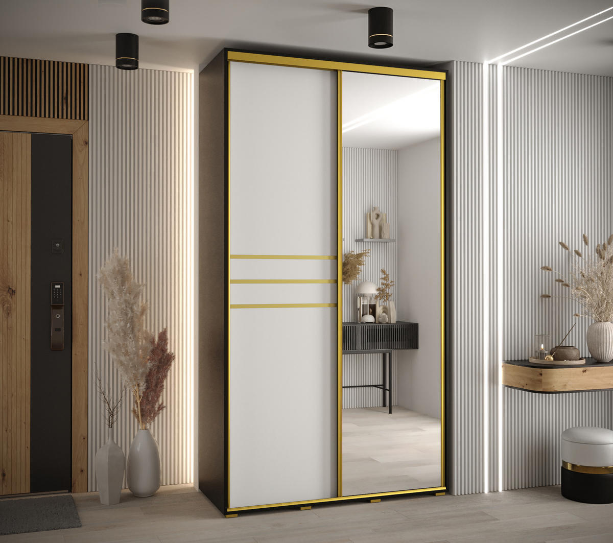 SCHWEBETÜRENSCHRANK 235,2/140/45 2-türig - Goldfarben/Schwarz, Holz/Metall (140/235/45cm) - Abiks Möbel