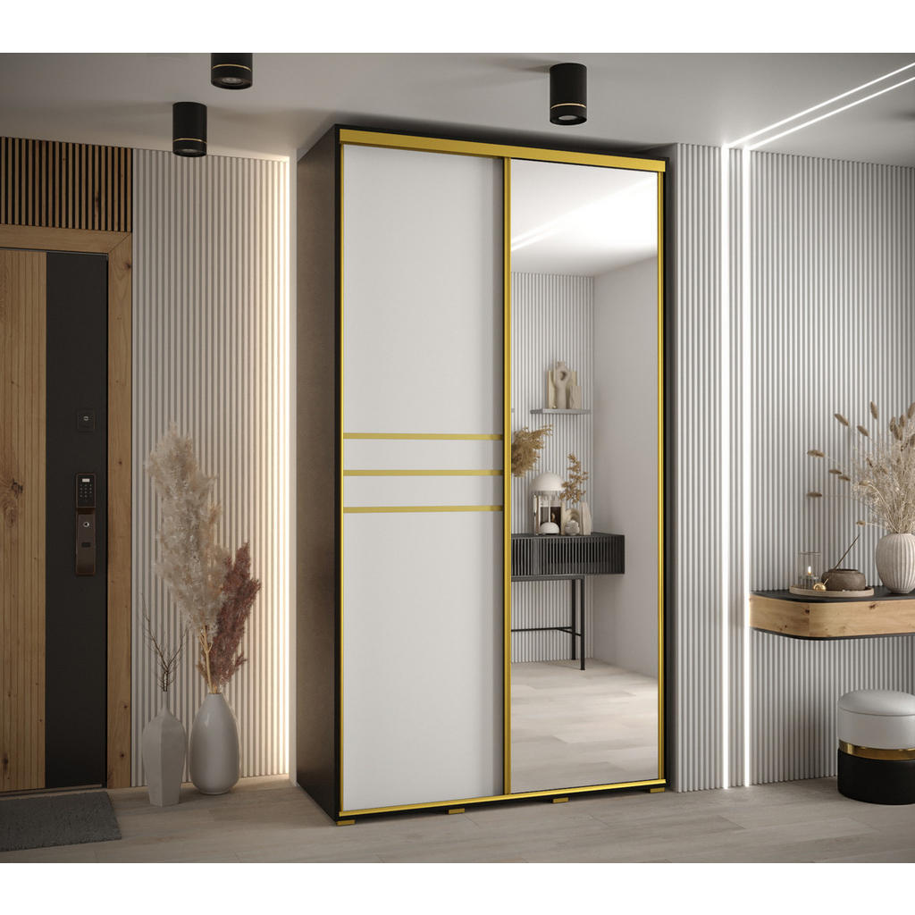 Thumbnail - Abiks Möbel Schwebetürenschrank, Schwarz, Weiß, Gold, Metall, Nachbildung, 6 Fächer, 140x235x45 cm, Schlafzimmer, Kleide...