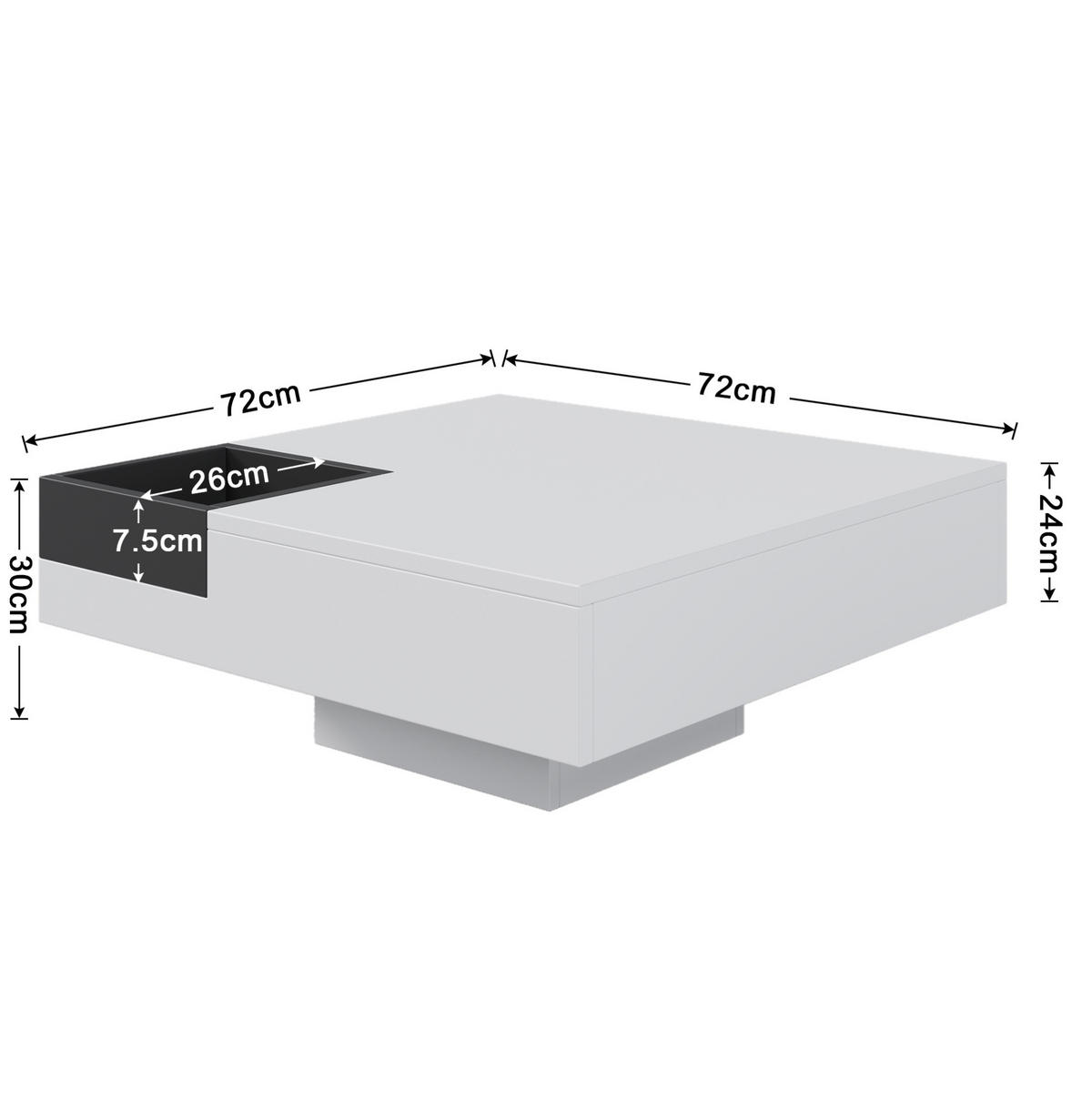COUCHTISCH 72/72/30 cm in Weiß/Schwarz mit LED-Beleuchtung und Aufbewahrungsbox - Weiß, Holzwerkstoff (72/72/30cm) - Flora Grace