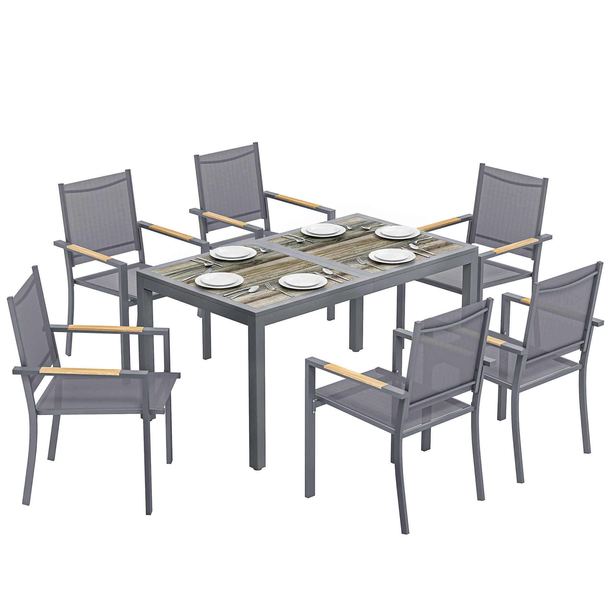 GARTENTISCHGRUPPE DE-18125 140 cm Holzoptik-Tisch, 6 Textilene-Stühle Grau - Dunkelgrau, Metall - ComfortXL
