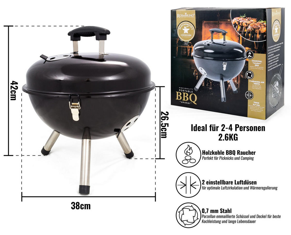 HOLZKOHLEGRILL ROSMARINO Stahl - Schwarz, Metall (38/26/42cm) - Rosmarino
