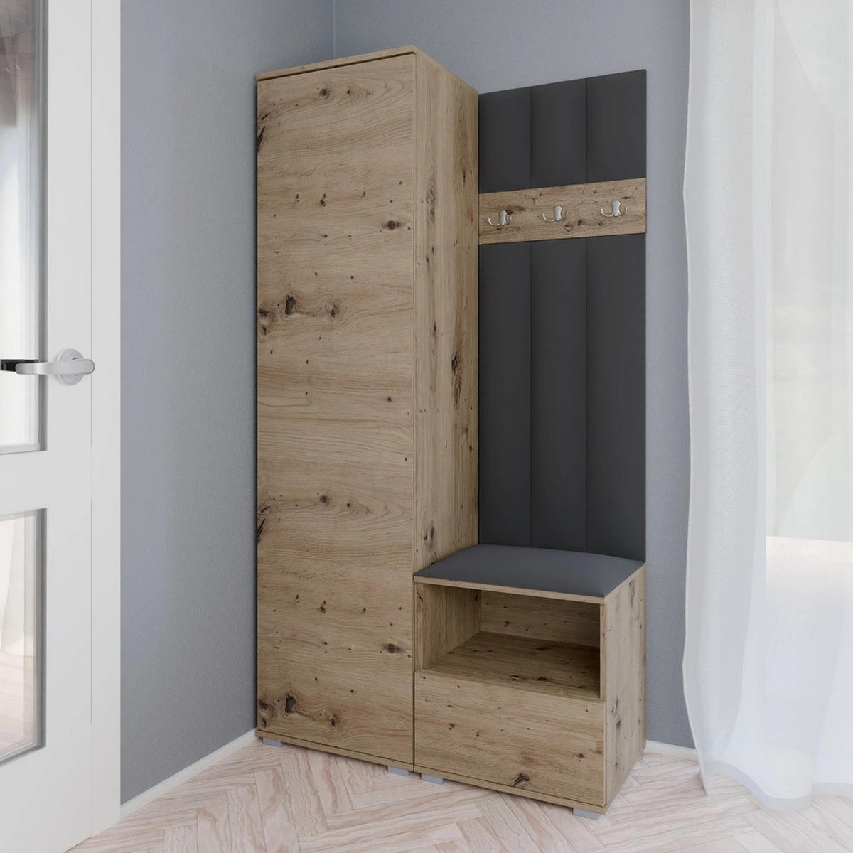GEPOLSTERT Garderoben-Set Nela I LUX (Eiche Artisan + Stoff Trinity 15) - Dunkelgrau/Silberfarben, Holz/Holzwerkstoff (100/187/40cm) - Ravio