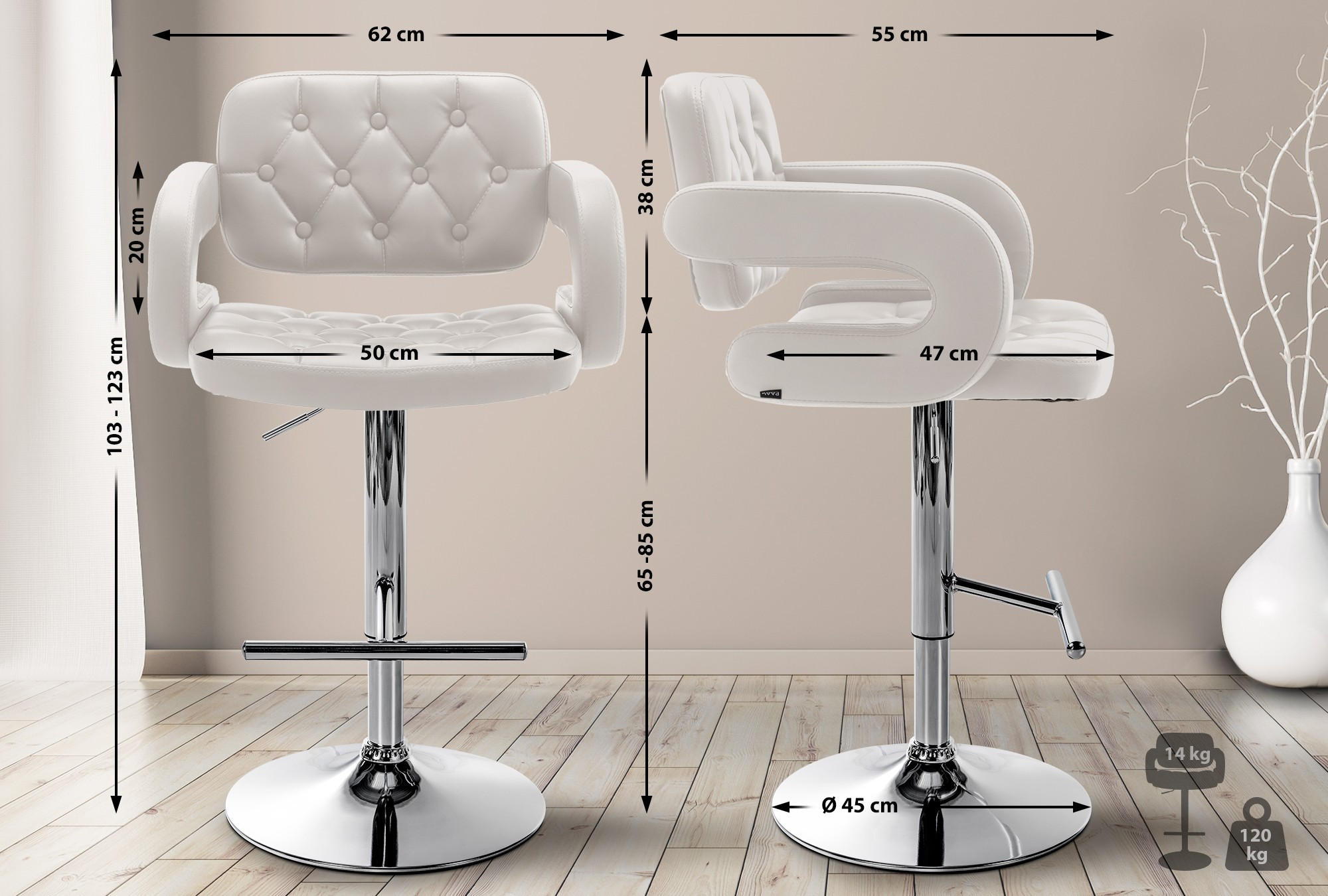 BARHOCKER Lederlook weiß - Chromfarben/Weiß, Textil/Metall (62/103/55cm) - CLP