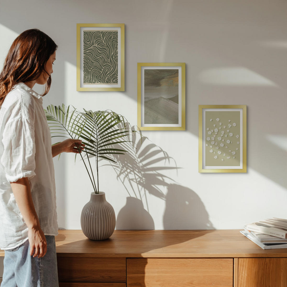 WANDBILDER 3er Set - 20x30 cm Goldrahmen - Abstrakte florale Wellenmuster - Goldfarben, Kunststoff (20/30cm) - ArtPrintCave