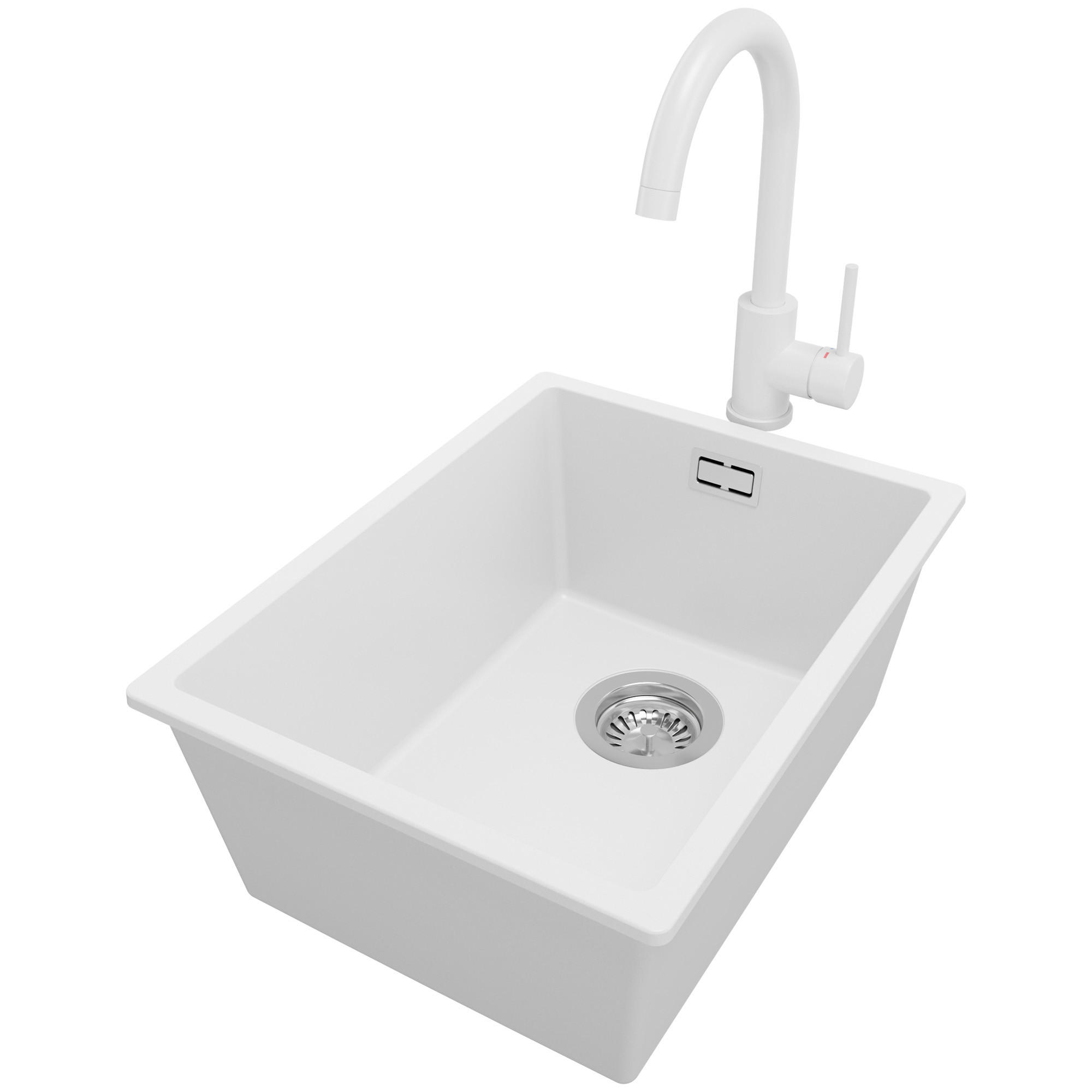 UNTERBAUSPÜLE GRANIT London, 3-er set Weiß 36/47 cm, 1 Becken + Küchenarmatur 32/20 cm + Ablauf-Set ab 40er Unterschrank - Chromfarben/Weiß, Kunststoff (36/20/47cm) - Primagran