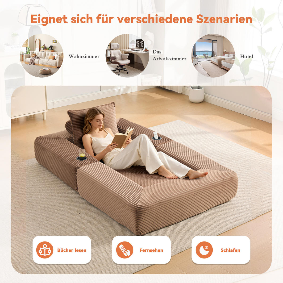SCHLAFSOFA mit Klappfunktion, Getränkehalter und Seitentasche aus Cord - Braun, Textil (122/80/98cm) - EVRYAE
