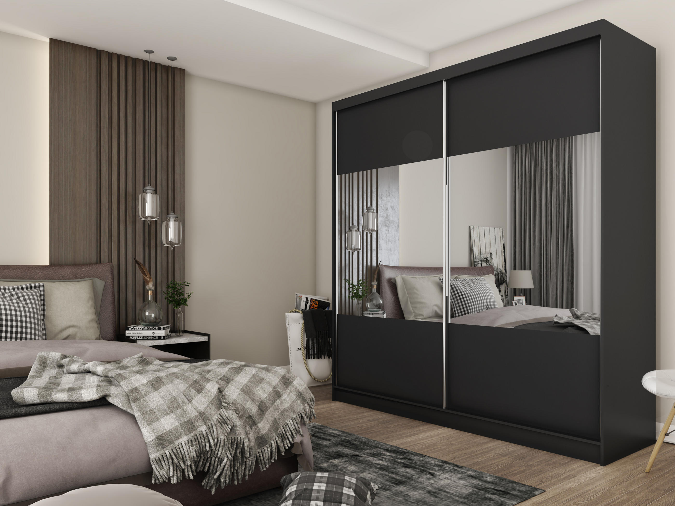 KLEIDERSCHRANK mit Spiegel-Schiebetüren und Aluminium-Leisten - CELI - 200 cm Schwarz - Schwarz, Holzwerkstoff (200/216/61cm) - ALTDECOR