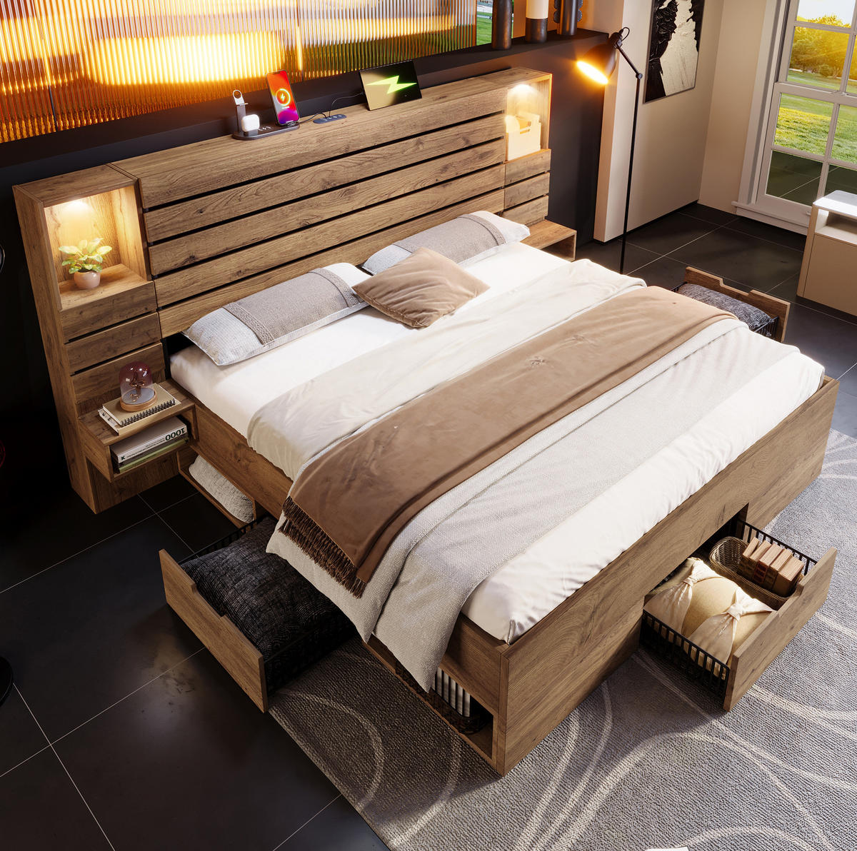 BETT 180/200 cm Eiche aus Holz mit LED-Beleuchtung, Ladeanschlüssen und Stauraum - Eichefarben, Holzwerkstoff (180/200cm) - OKMYHOME