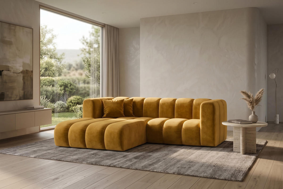 ECKSOFA Modulares In L-Form, Velvet-Stoff Riviera, Senffarbe, Links, GRAND - Gelb, Holz (227/179cm) - Kaiser Möbel