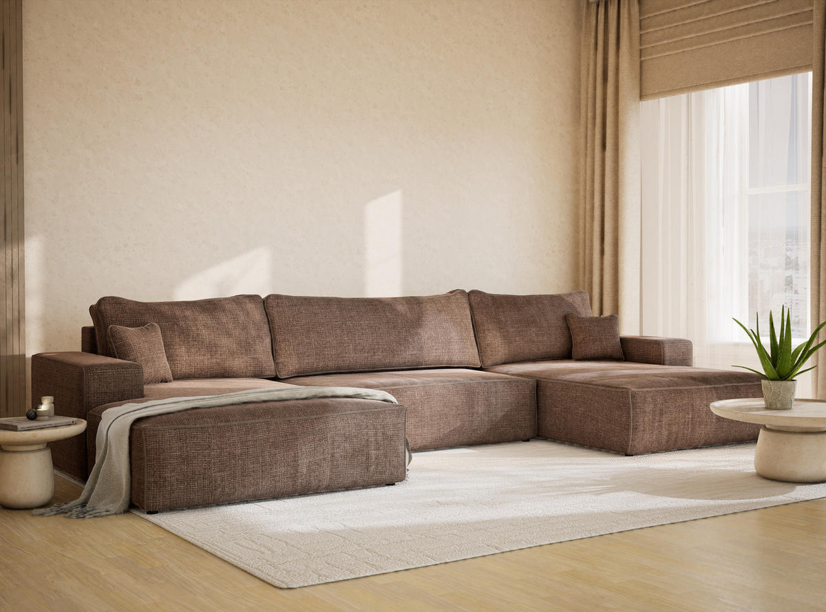 WOHNLANDSCHAFT Deseo Braun Chenille-Stoff - Schwarz/Braun, Holz/Holzwerkstoff (398/70/148cm) - Maison de Reve