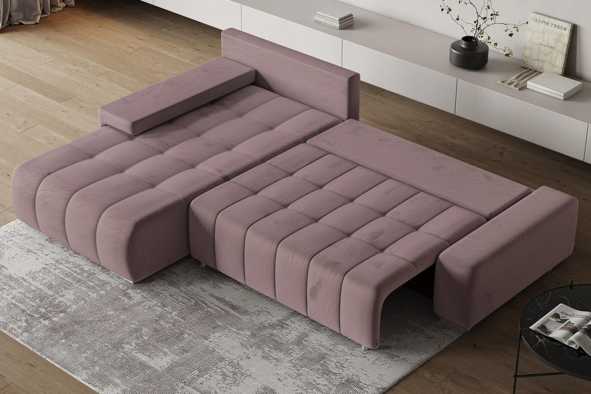 ECKSOFA ALESE L-S Lila Velours-Stoff mit Schlaffunktion - Lila, Holz (265/185cm) - MASSENO