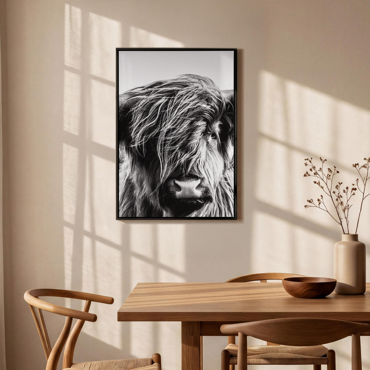 LEINWAND Bilder mit Rahmen - Kuh - Schottischer Hochländer - Schwarz - Weiß - Tier - Natur - Wildtiere - 60x90 - Schwarz, Textil (60/90cm) - MuchoWow