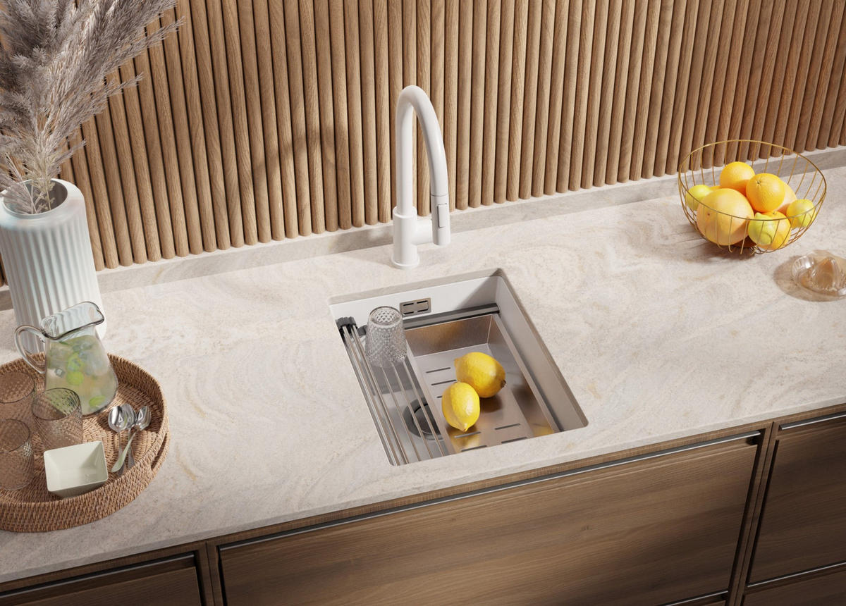 UNTERBAUSPÜLE GRANIT Praga, 2-er set Weiß 36/47 cm 1 Becken + Küchenarmatur 40/20 cm + Ablauf-Set + Aufrollbare Abtropffläche ab 40er Unterschrank - Chromfarben/Weiß, Kunststoff (36/20/47cm) - Primagran