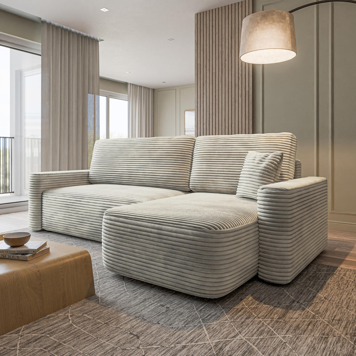 ECKSOFA NERI T Hellgrau Kordstoff mit Schlaffunktion - Hellgrau, Holzwerkstoff/Textil (280/157cm) - MASSENO