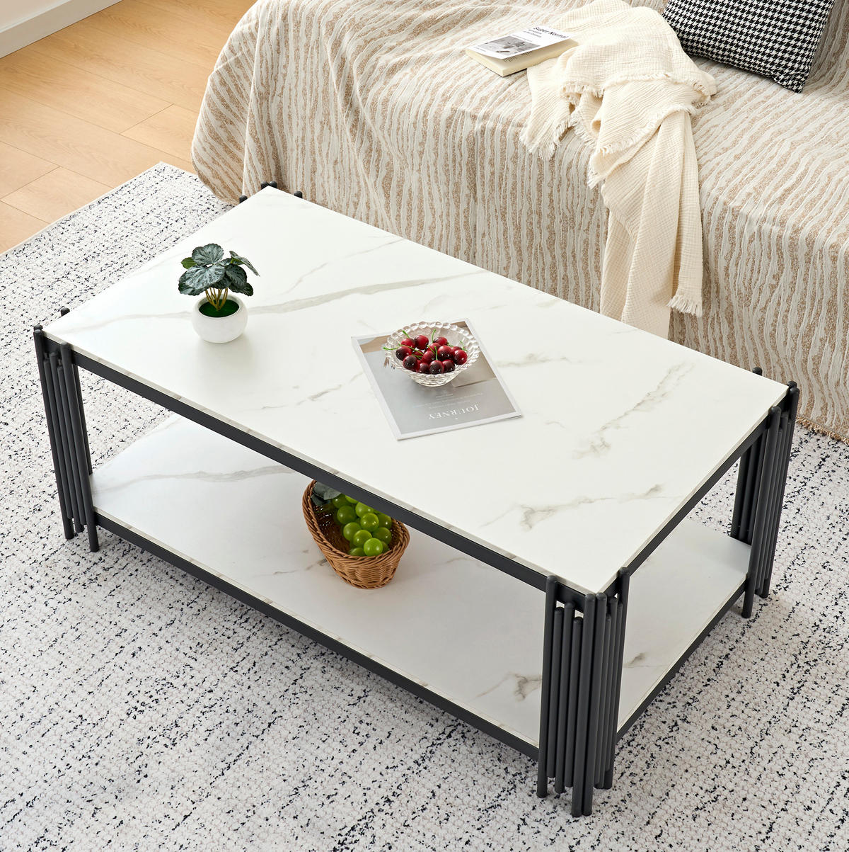 COUCHTISCH 114/64/46 cm weiß/schwarz aus MDF und Metall mit 2 Ablagen - Schwarz, Holzwerkstoff (114/64/46cm) - OKMYHOME