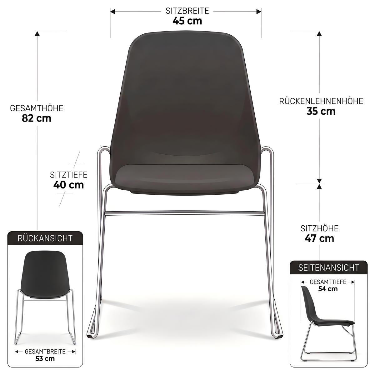 BESUCHERSTUHL V1803 Kunststoff Hartschale Schwarz - ergonomisch, 120 kg belastbar - Schwarz, Kunststoff/Metall (53/82/54cm) - Versee