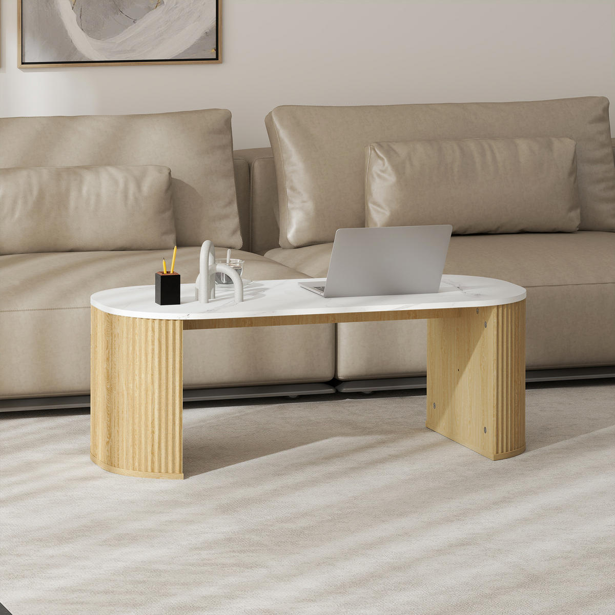 COUCHTISCH DE-15797 oval mit Marmoroptik Weiß - Naturfarben, Holzwerkstoff (110/50/40cm) - ComfortXL