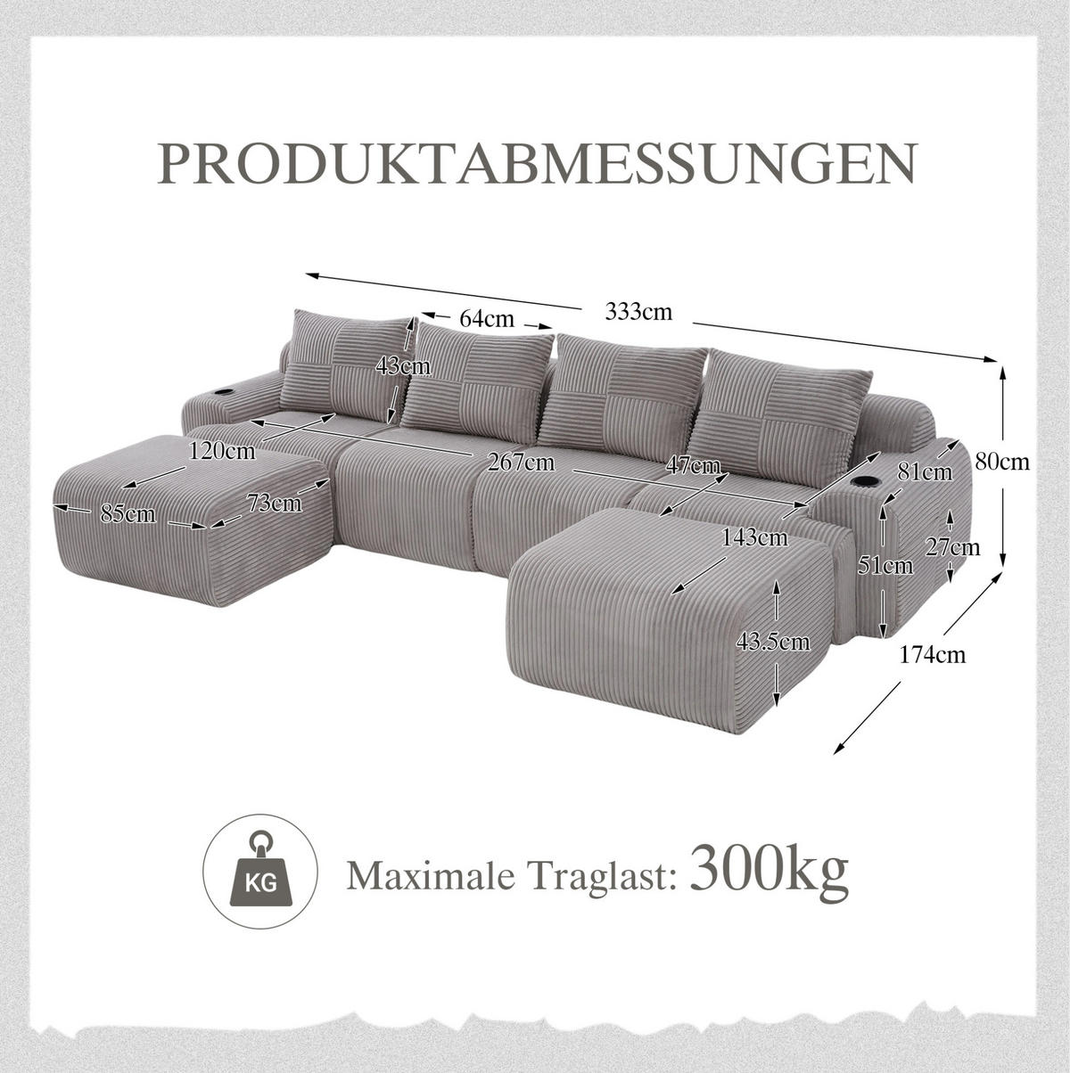 WOHNLANDSCHAFT Modulares 4-Sitzer-Sofa 333/174/80 cm hellgrau aus Cord mit 2 Hockern, Cupholder und Seitentasche - Hellgrau, Textil (174/80/333cm) - Modenvie