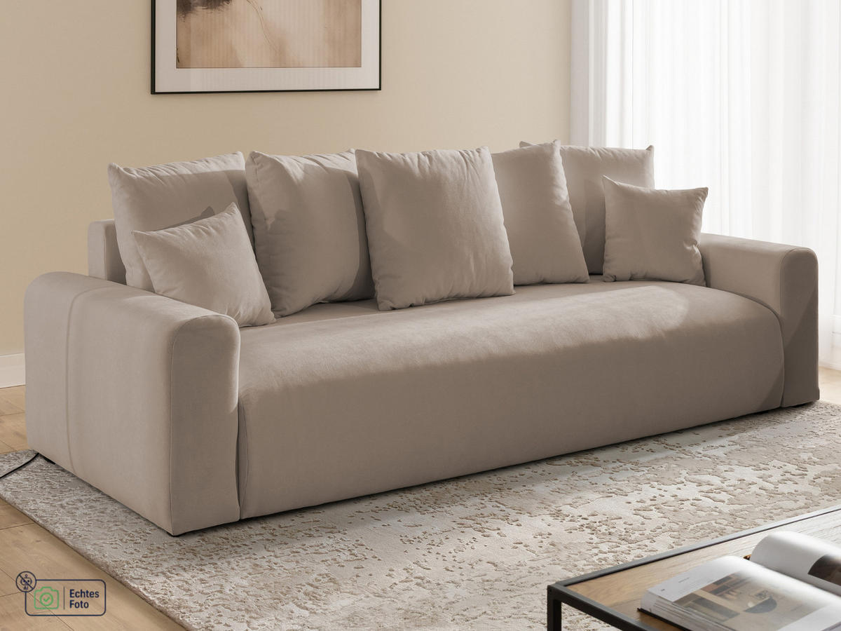 SCHLAFSOFA Calma mit Bettkasten im Bumpy-Design aus weichem Greige Webstoff - Greige/Schwarz, Holz/Kunststoff (239/88/98cm) - S-Style