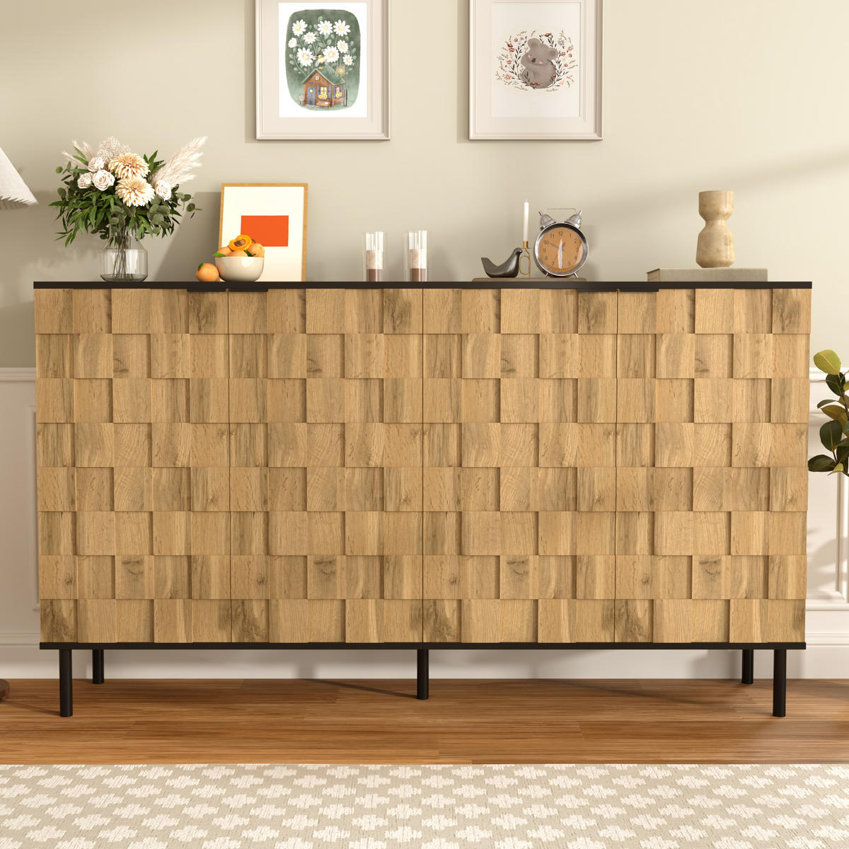 SIDEBOARD Moderner Aufbewahrungsschrank mit Mosaik-Türdesign, Metallfüßen, Stauraum, Holzoptik, Spanplatte - Naturfarben, Holzwerkstoff/Metall (80/91.5/35cm) - EVRYAE