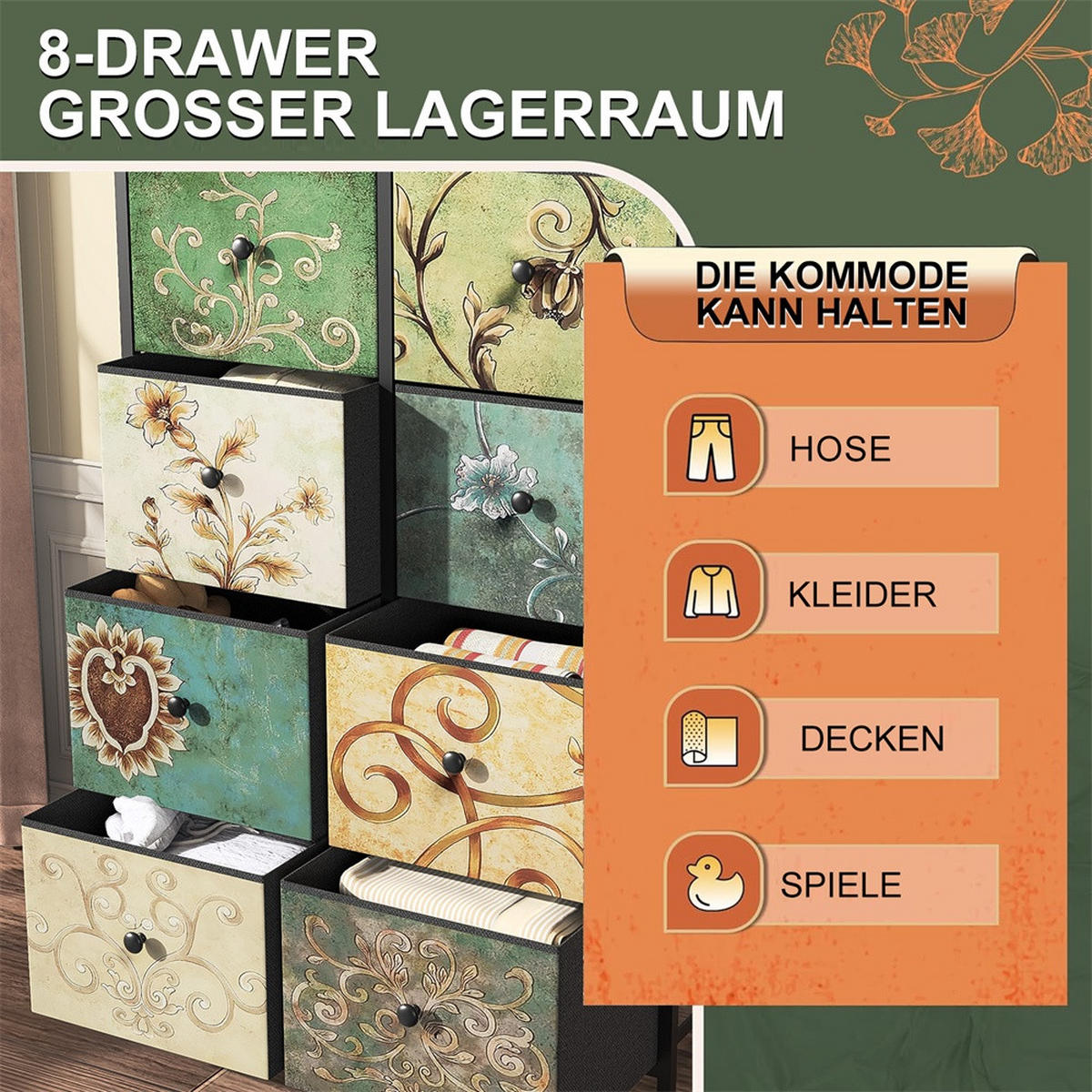 KOMMODE mit 8 Schubladen - bunte Vintage-Muster und Schwarzer Griff - Mehrfarbig - Multicolor, Metall (67.5/100/30cm) - DELFA