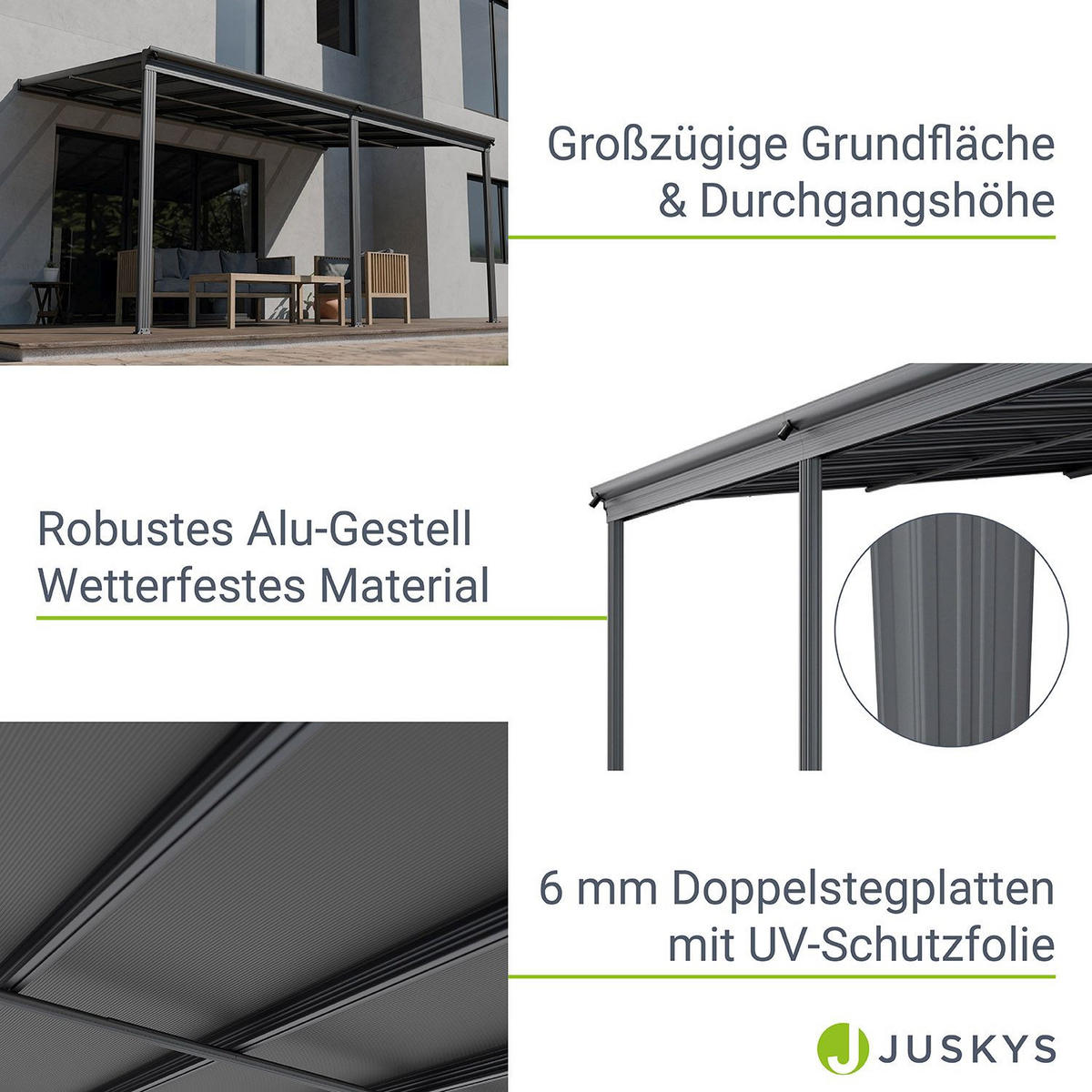 TERRASSENDACH Borneo Aluminium 4,9x3m dunkelgrau - Dunkelgrau, Metall (495/278/303cm) - Juskys