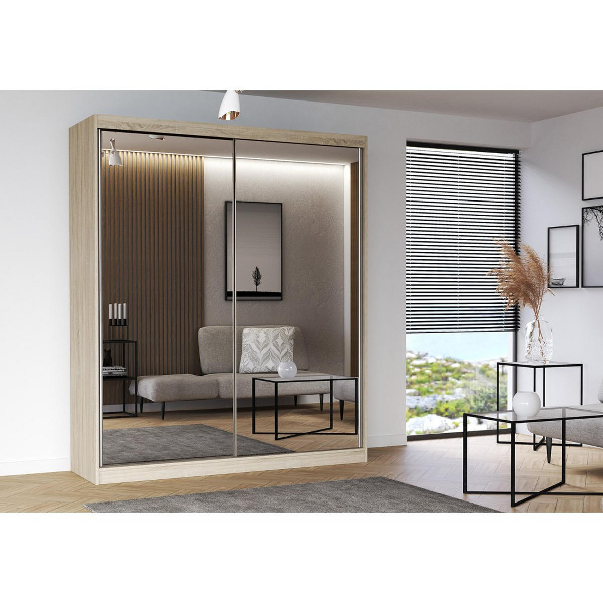 SCHWEBETÜRENSCHRANK Multi 20 Sonoma Eiche/Weiß mit Spiegel, ohne LED Beleuchtung 203 cm - Alufarben/Weiß, Glas/Holzwerkstoff (203/218/61cm) - imoebel24
