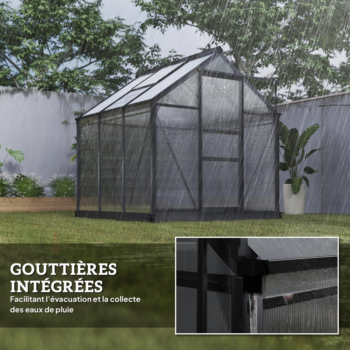 GEWÄCHSHAUS DE-11969 3,65 m² Polycarbonat mit Dachluke & Regenrinne Grau - Grau, Metall (487.68/510.54/482.6cm) - ComfortXL