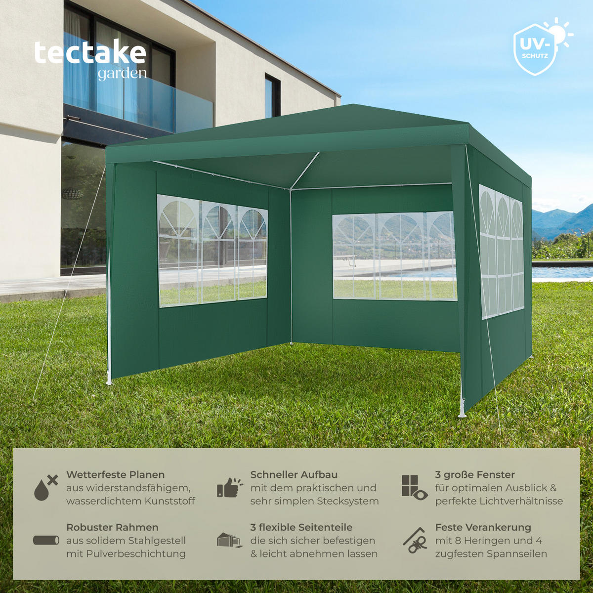 PAVILLON Barinas,wasserdicht,grün - Grün, Kunststoff (300/250/300cm) - tectake