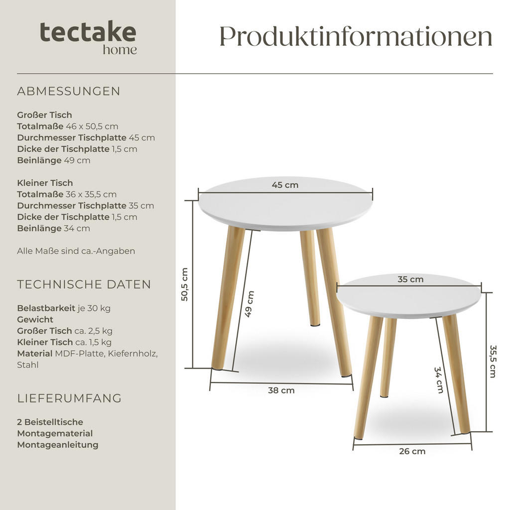 Thumbnail - tectake Beistelltisch, Braun, Weiß, Holz, Abstrakt, 46x50.5x46 cm, Wohnzimmer, Wohnzimmertische, Beistelltische