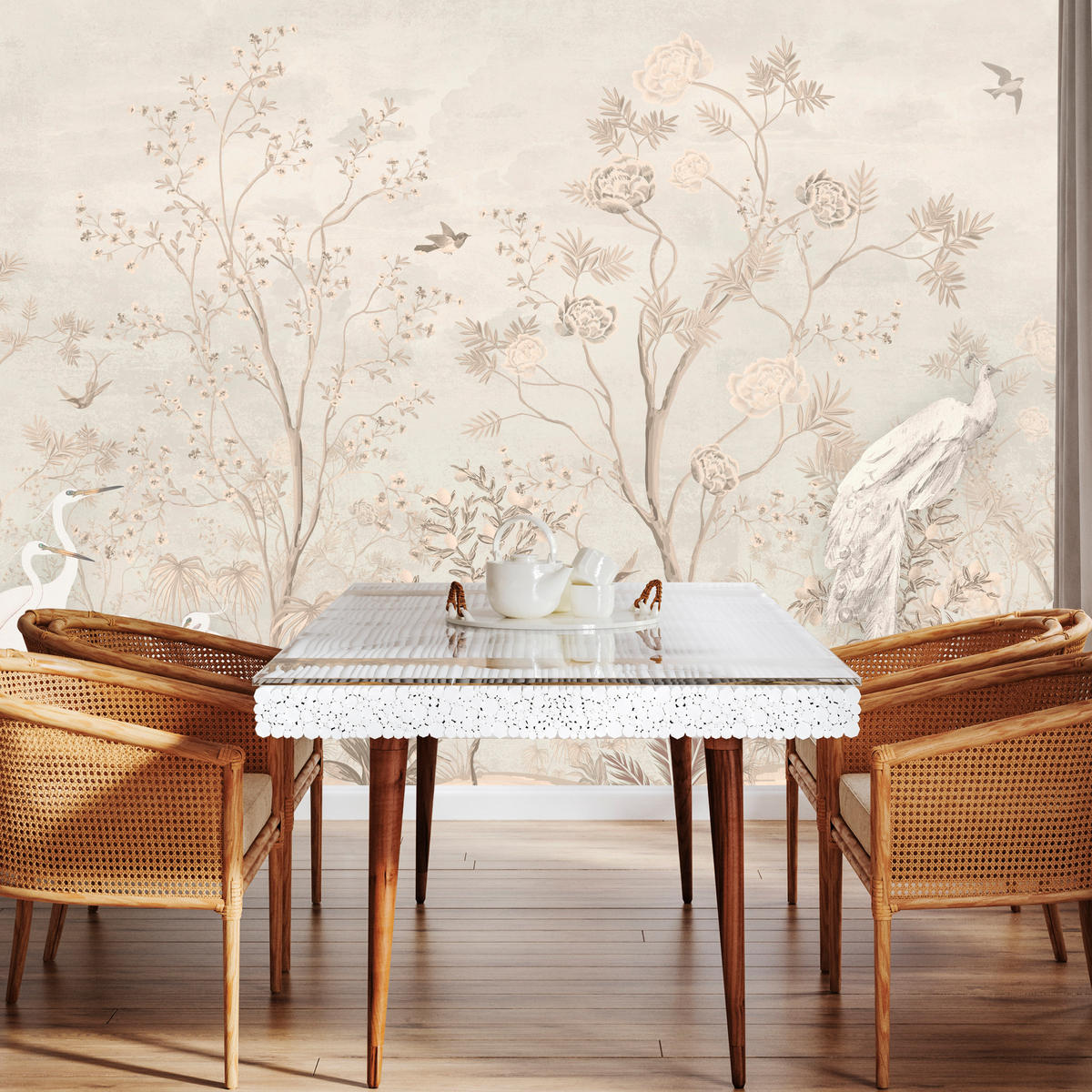 FOTOTAPETE für Esszimmer Weiße Vögel Bäumen Natur Kräne Blumen 450x315 - Beige, Papier (450/315cm) - Muralo