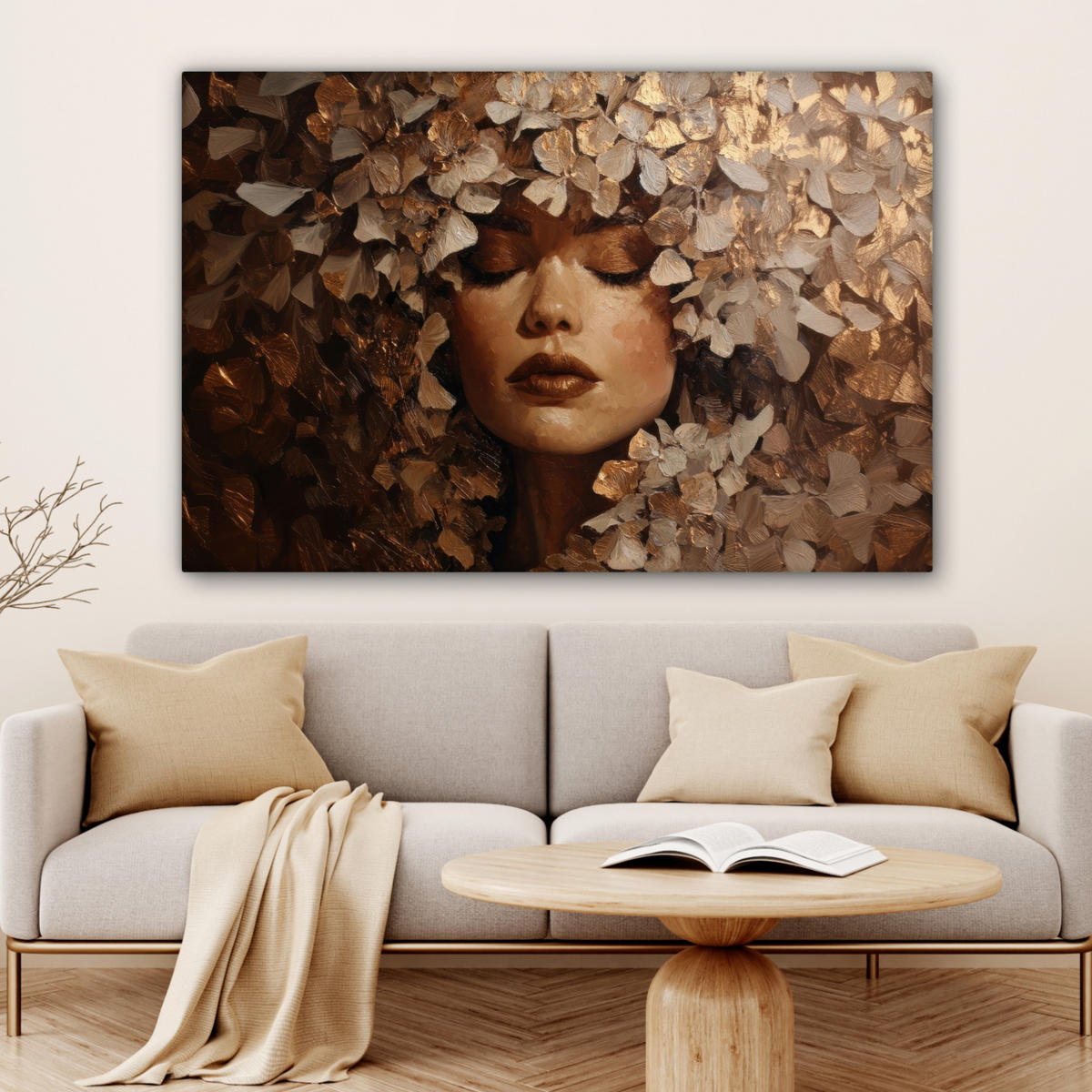 LEINWANDBILD Gesicht - Dame - Blätter - Pinselstriche XXL 150x100 cm - Goldfarben, Textil (150/100cm) - MuchoWow