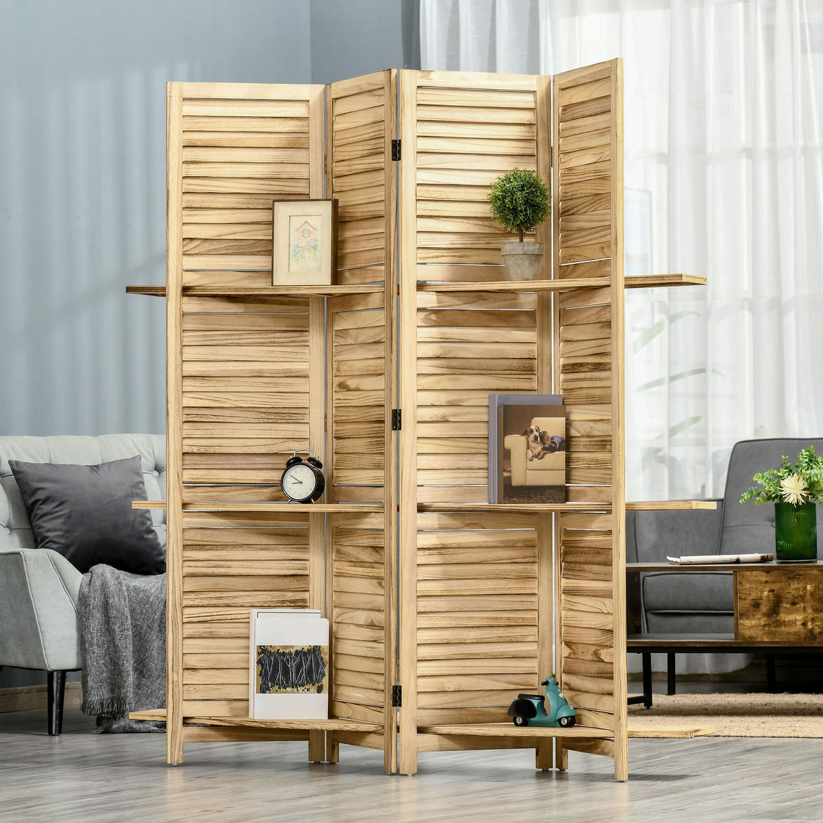 PARAVENT DE-14245 4-teilig, 3 Regalböden, klappbar Natur - Naturfarben, Holzwerkstoff (162/170/1.8cm) - ComfortXL