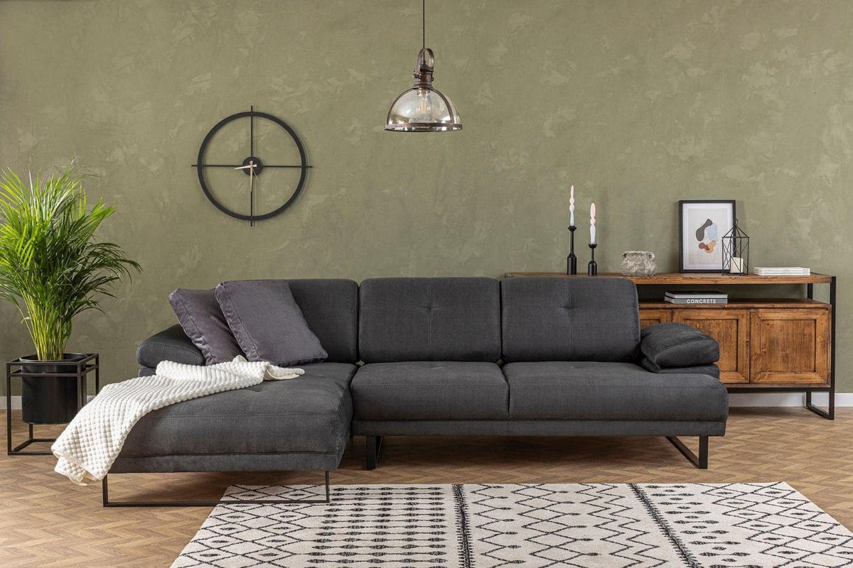 ECKSOFA mit verstellbarer Rückenlehne - Anthrazit/Schwarz, Textil/Metall (314/174cm) - myHomelando