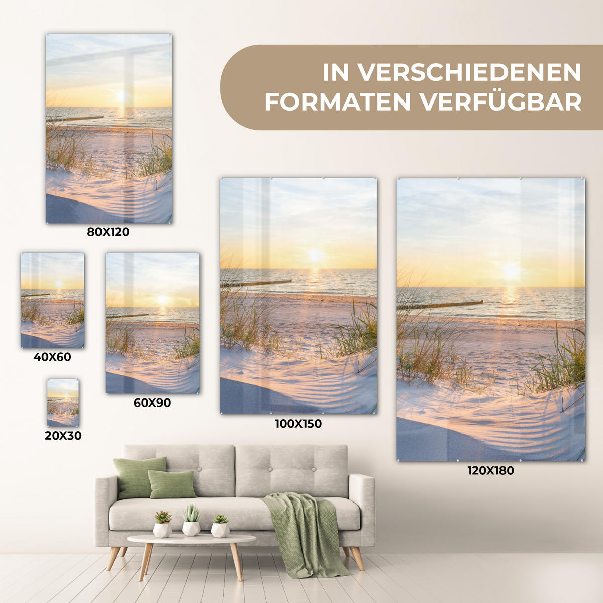 ACRYLGLASBILD Strand - Sonne - Düne - Gras - Sand - Horizont 40x60 cm - Hellblau, Glas (40/60cm) - MuchoWow