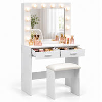 MASA-TOALETĂ albă cu taburet oglindă LED - alb, sticlă/compozit lemnos (80/140/40cm) - Relaxdays