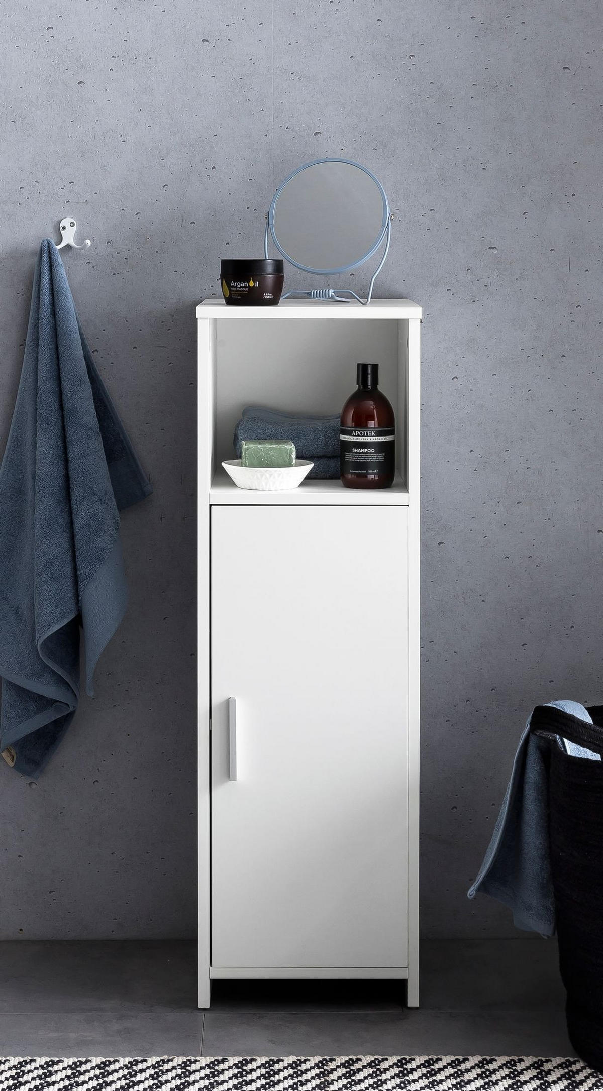 BADSCHRANK Weiß 30x95,5x30 cm aus Melamin mit kratzfester Oberfläche - Schwarz/Weiß, Holz/Metall (30/96/30cm) - KADIMA DESIGN