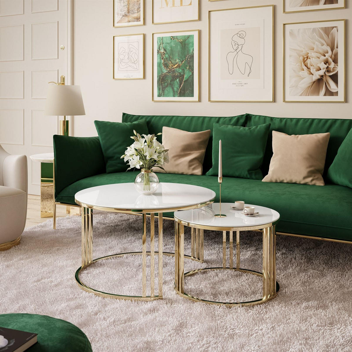 COUCHTISCH 2 in 1 LORI GLASS verchromt gold - Goldfarben/Weiß, Glas (70/70/48cm) - Lookway