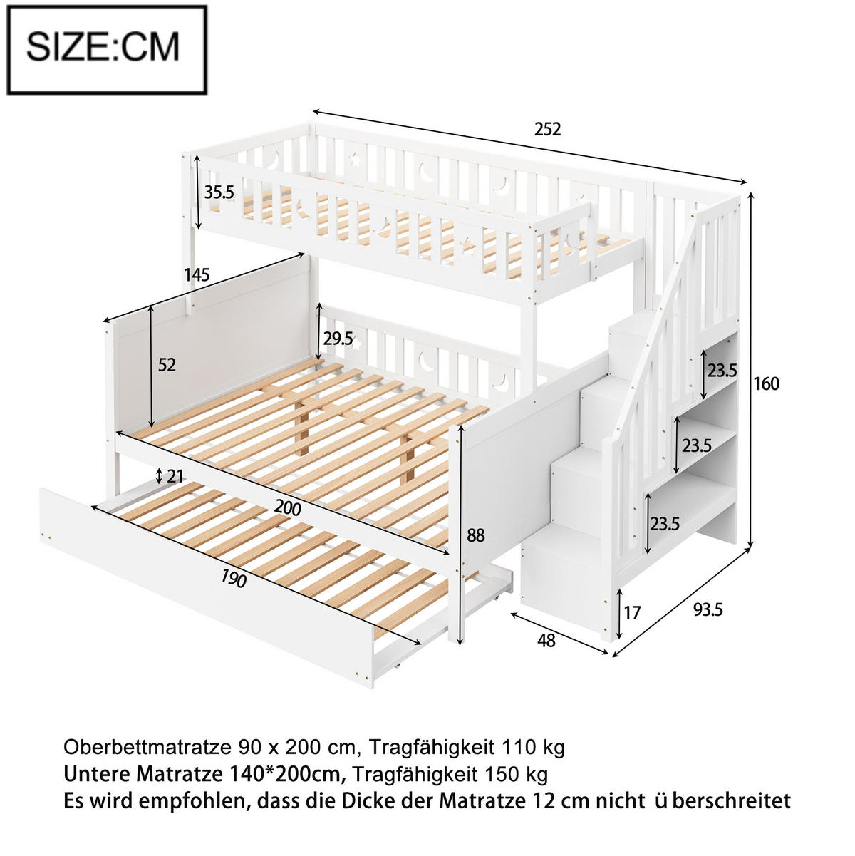 ETAGENBETT 90/200-140/200 cm Weiß mit Stauraum und Sicherheitsleiter - Weiß, Holz (140/200cm) - MIVRAY