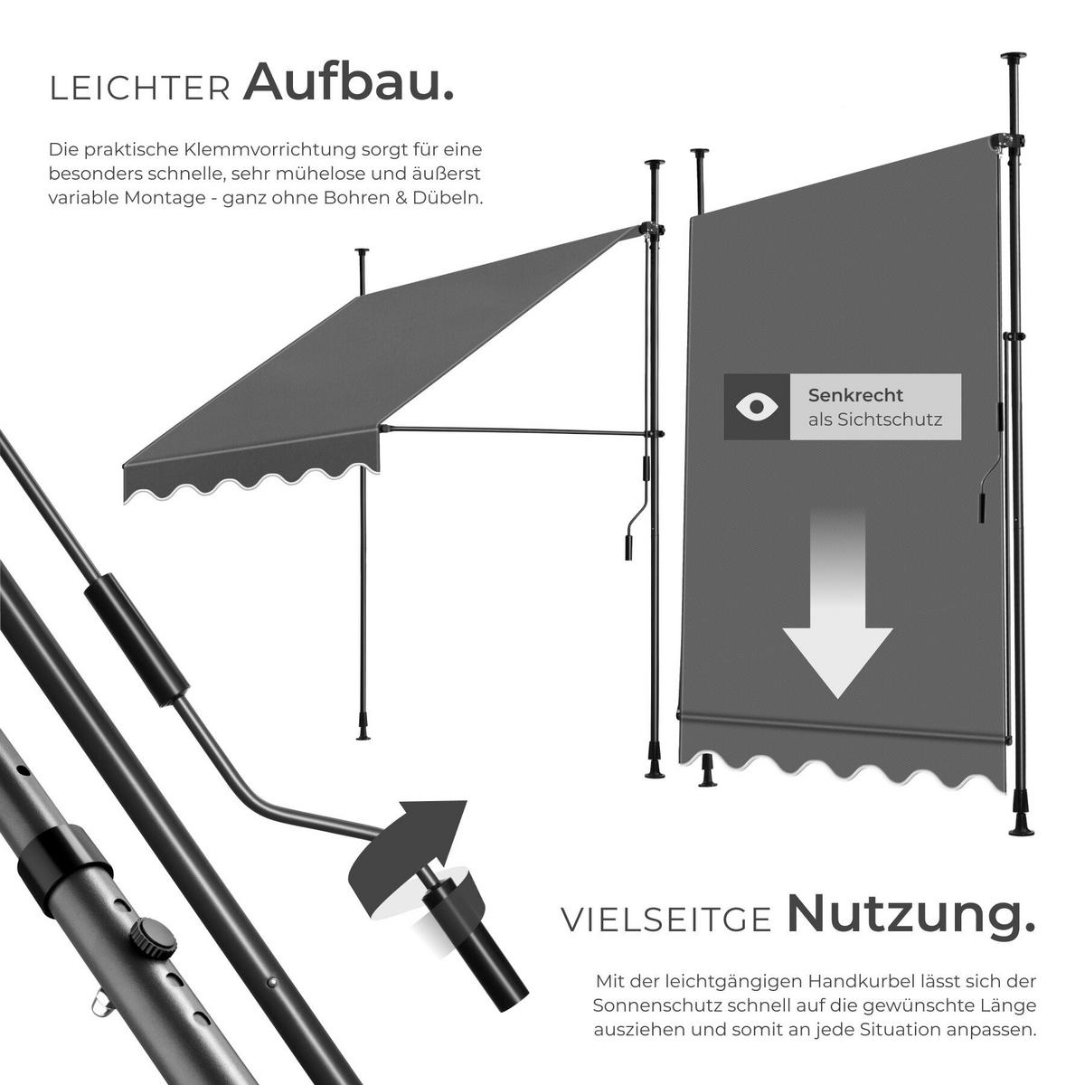 KLEMMMARKISE MIT HANDKURBEL , wasserabweisend, schwarz/grau - Schwarz/Grau, Textil (150/304/180cm) - tectake