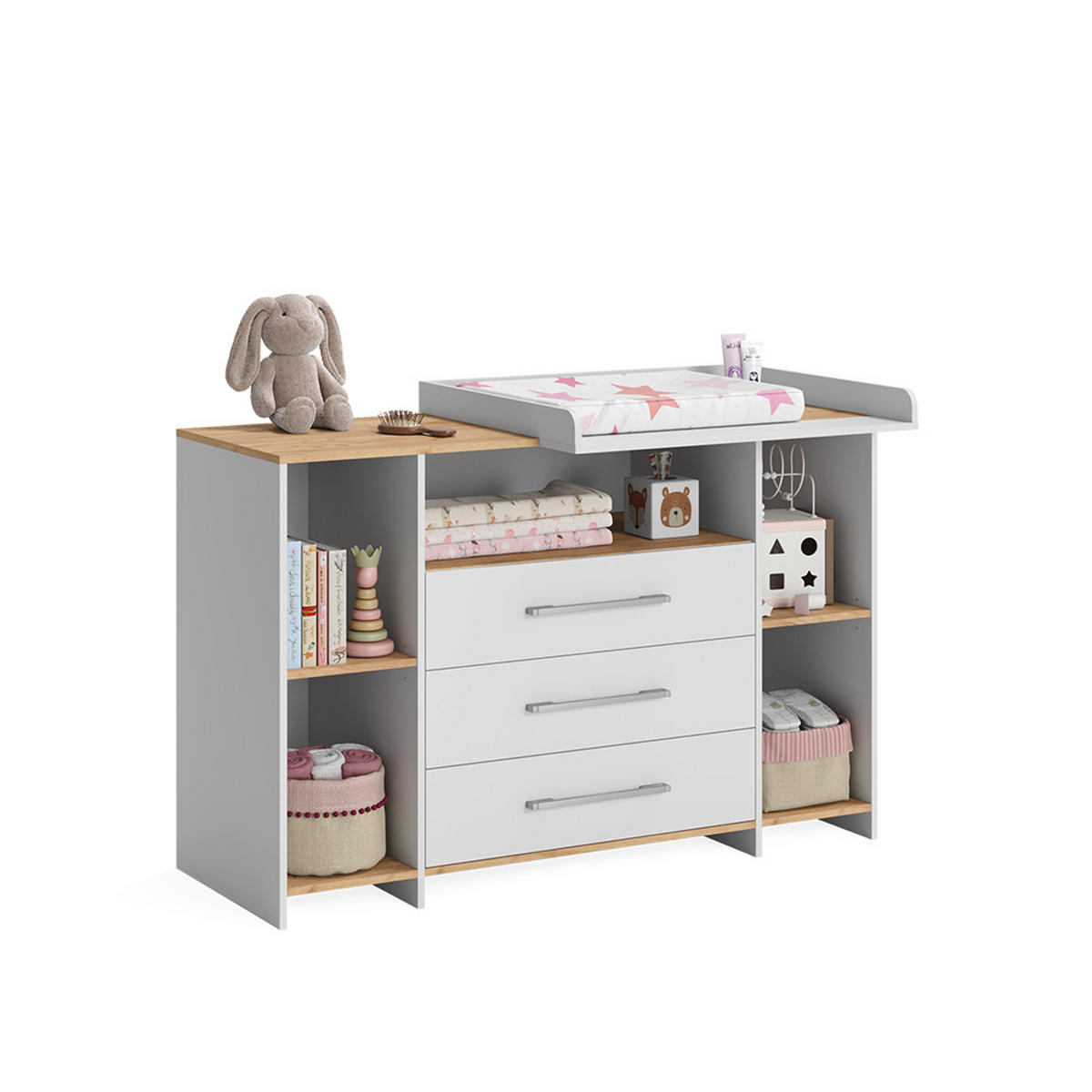 WICKELKOMMODE Oskar Weiß/Goldkraft Eiche 143.2 x 93 cm mit 3 Schubladen - Eichefarben/Weiß, Holzwerkstoff (143.2/93/53.1cm) - Vicco