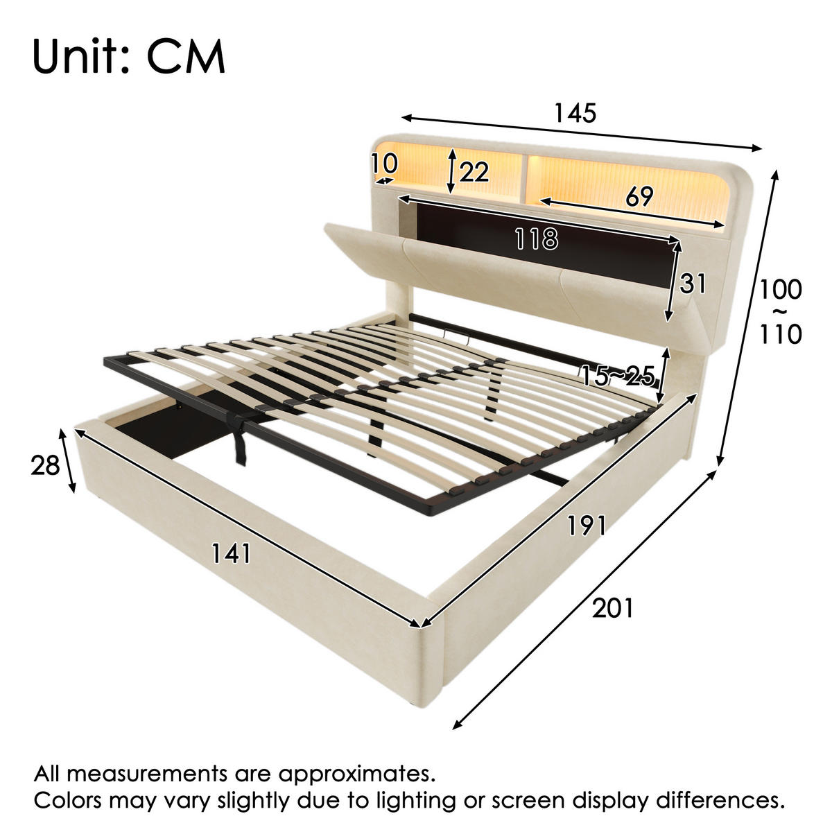 POLSTERBETT 140/190 cm mit LED-Beleuchtung, USB- und Type-C-Ladestation, hydraulischem Stauraum und Samtbezug, Beige - Beige, Textil (140/190cm) - Redom