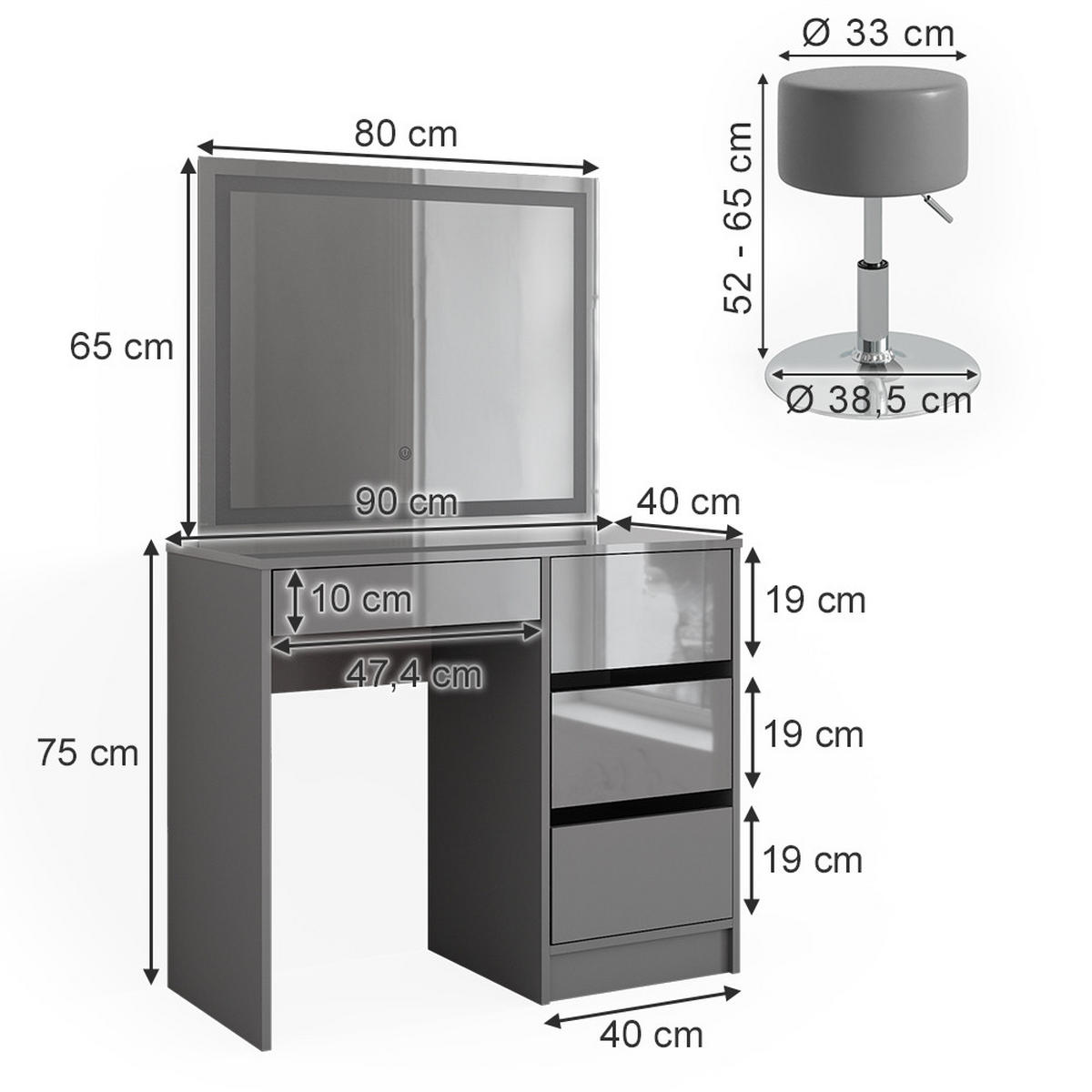 SCHMINKTISCH Sherry Grau 90 cm mit LED Spiegel und Hocker - Grau, Holzwerkstoff (90/75/40cm) - Vicco