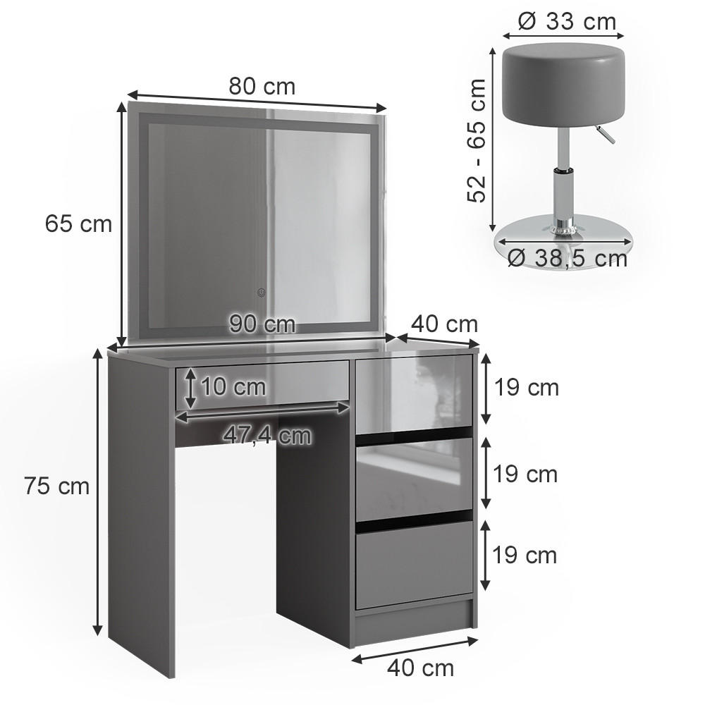 Thumbnail - Vicco Schminktisch, Grau, Holzwerkstoff, 4 Fächer, 4 Schubladen, Rechteckig,Rechteckig, 90x75x40 cm, Schlafzimmer, Schmi...