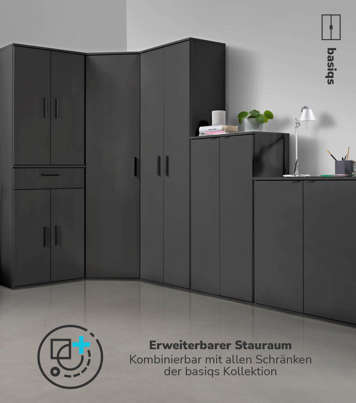 ECKSCHRANK Der Lange - Anthrazit/Schwarz, Holzwerkstoff (64/180/64cm) - Mokebo