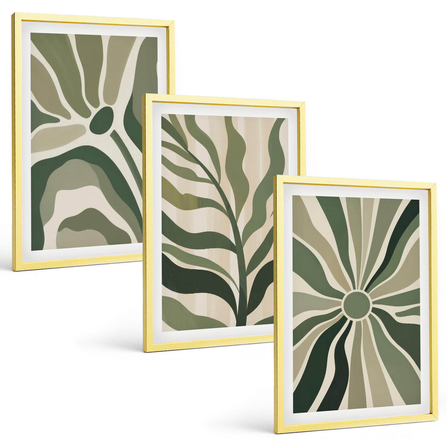 BILDER SET 3er Set - 40x60 cm Goldrahmen - Grüne und beige Pflanzenmuster - Goldfarben, Kunststoff (40/60cm) - TULUP